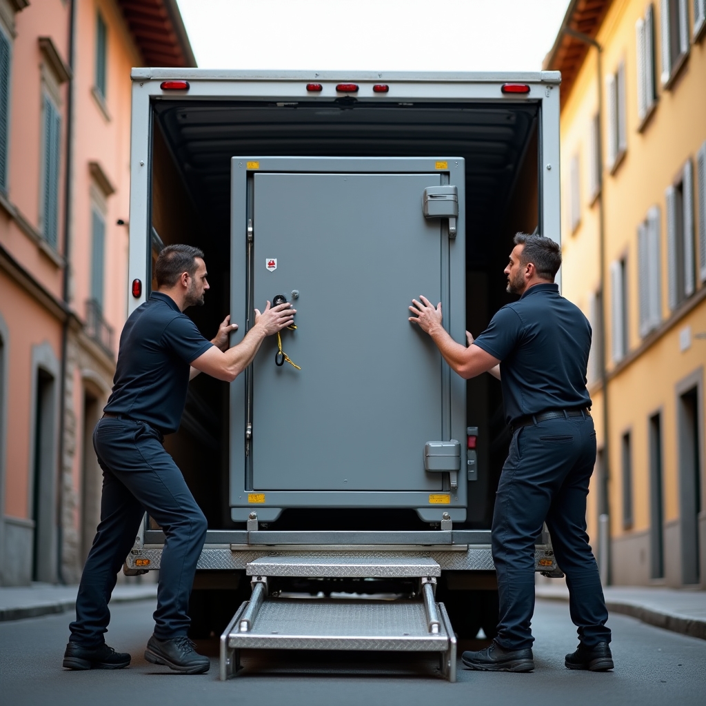 Cassaforte pesante caricata su furgone tramite pedana elevatrice idraulica con operatori in sicurezza