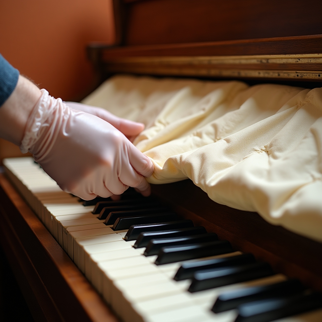 Operatore che applica imbottiture protettive sulla tastiera di un pianoforte verticale prima del trasloco