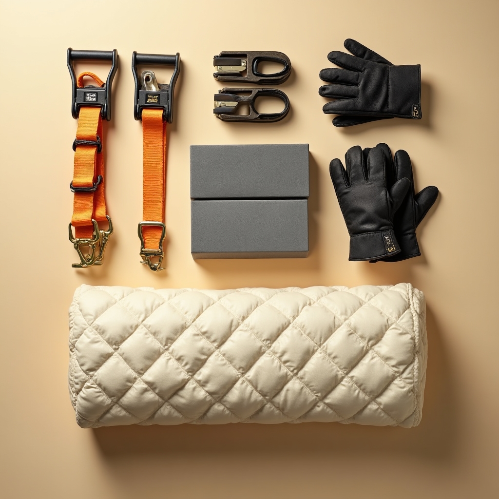 Set completo di attrezzature professionali per traslochi speciali: cinghie, carrelli e protezioni imbottite