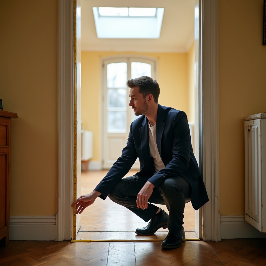 Tecnico che misura la larghezza di un vano porta durante un sopralluogo pre-trasloco