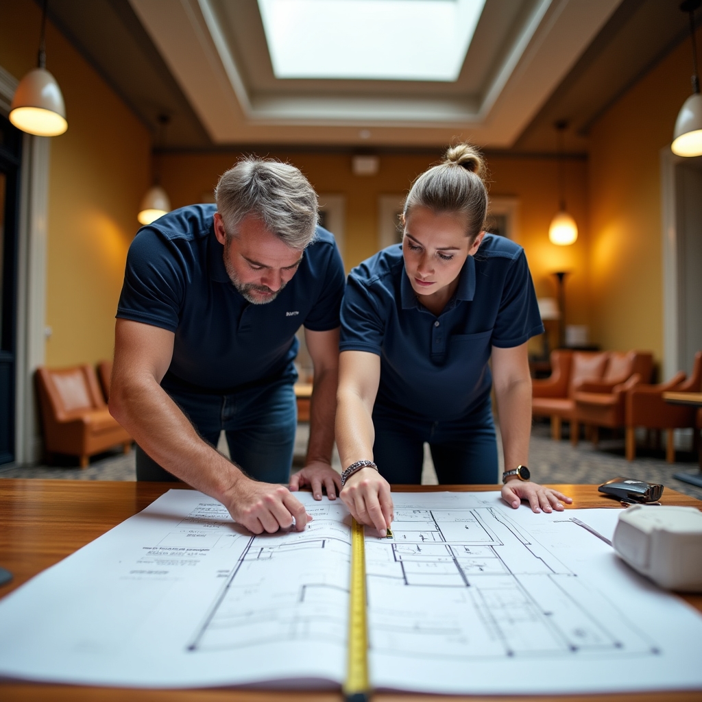 Il team di Crionvalu March che pianifica un trasloco di pianoforte su tavolo con mappe e schemi tecnici
